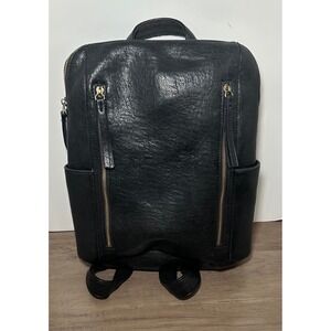 Joy Susan Raegan Black Faux Leather Backpack Gold Zippers Front Poketz‎